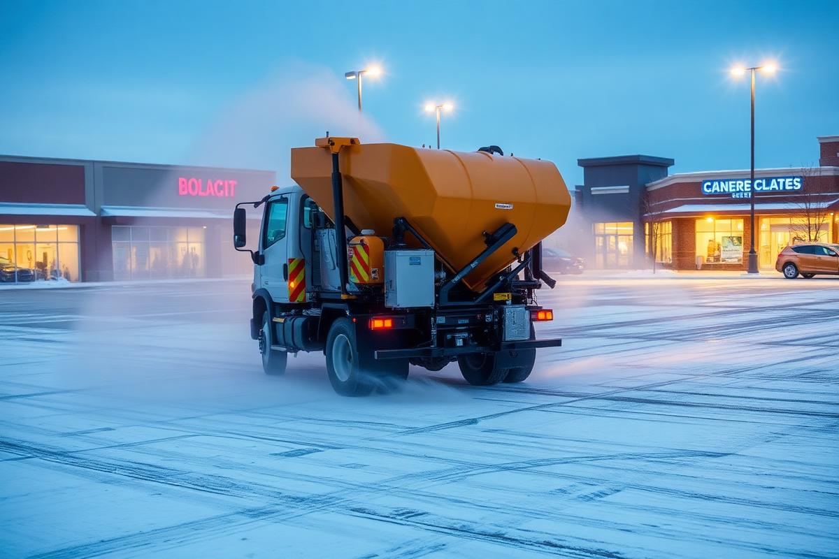 De-icing truck treating a snowy commercial lot
